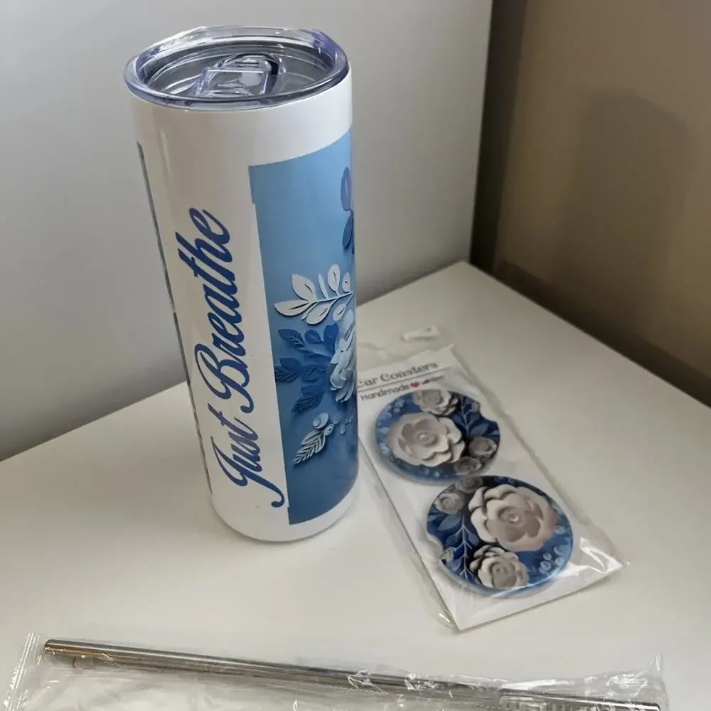 Custom Printed 20oz Tumbler Just Breathe Bonus Car Coasters Lid Straw Cleaner
